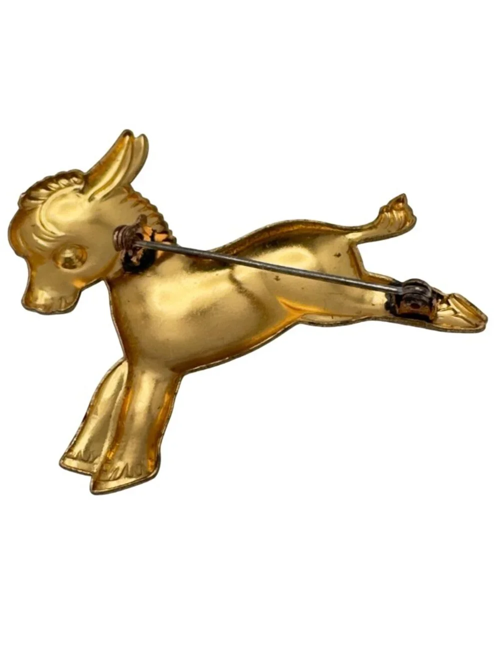 Vtg Gold Tone Donkey Brooch Green Rhinestone Eye Pressed Metal Pin 1 3/8